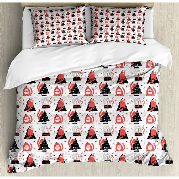 Winter Duvet Cover Set, Big Cats Preparing at Christmas Time Holiday Celebration Joyous Winter Times, Decorative 3 Piece Bedding Set with 2 Pillow Shams, King Size, White and Coral, by Ambesonne