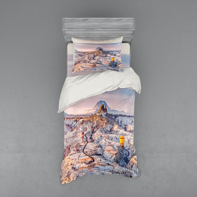 Winter Duvet Cover Set, Cappadocia Turkey Landscape with Hot Air Balloons Anatolia Valley Geology Tourism, Bedding Set with Shams and Fitted Sheet, 3 Sizes, by Ambesonne