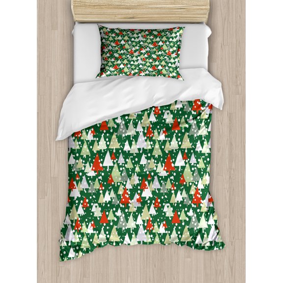 Winter Duvet Cover Set, Christmas Forest with Pine Trees Snowing Silhouette Style Pattern, Decorative 2 Piece Bedding Set with 1 Pillow Shams, Twin Size, Emerald Vermilion and White, by Ambesonne