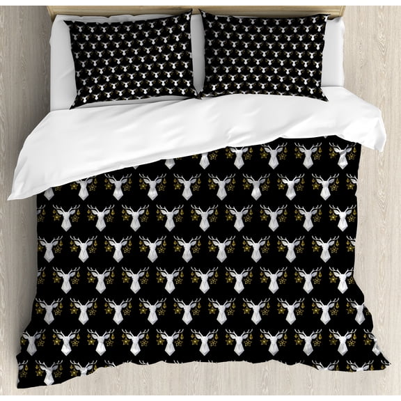Winter Duvet Cover Set, Christmas New Year Theme Golden Yellow Tone Ornament Polygonal Deer Heads, Decorative 3 Piece Bedding Set with 2 Pillow Shams, Calking Size, Black Pale Grey Fawn, by Ambesonne
