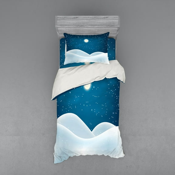 Winter Duvet Cover Set, Digitally Generated Snow Hills with the Moon and the Stars in the Sky Scenic, Bedding Set with Shams and Fitted Sheet, 3 Sizes, by Ambesonne