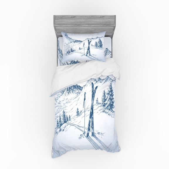 Winter Duvet Cover Set, Dramatic Landscape of Snowy Mountains Snow Boarding and Pine Tree, Bedding Set with Shams and Fitted Sheet, 3 Sizes, by Ambesonne
