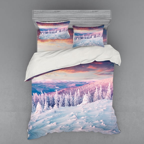 Winter Duvet Cover Set, European Snowy Mountains Pine Forest with Sky Colors Overcast Windy Fresh Image, Bedding Set with Shams and Fitted Sheet, 3 Sizes, by Ambesonne