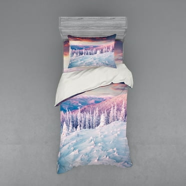 Winter Duvet Cover Set, European Snowy Mountains Pine Forest with Sky Colors Overcast Windy Fresh Image, Bedding Set with Shams and Fitted Sheet, 3 Sizes, by Ambesonne