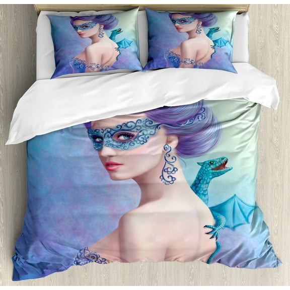 Winter Duvet Cover Set, Fantasy Snow Queen in with Dragon Illustration Print, Decorative 3 Piece Bedding Set with 2 Pillow Shams, Calking Size, Violet Blue Pale Green, by Ambesonne