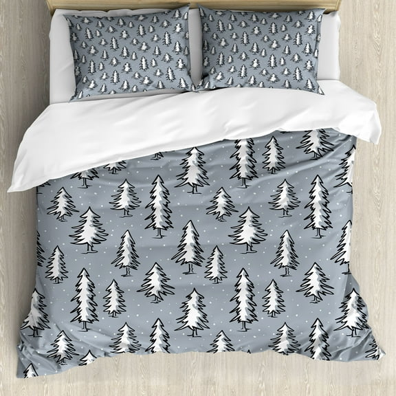 Winter Duvet Cover Set, Forest Pine Trees Snowing Nature Season Christmas New Year Holiday Theme, Decorative 3 Piece Bedding Set with 2 Pillow Shams, King Size, Blue Grey and White, by Ambesonne