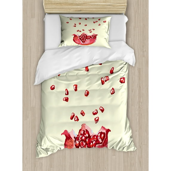 Winter Duvet Cover Set, Fresh Seasonal Pomegranate Fruit Splash Pastel Food Vitamin Natural, Decorative 2 Piece Bedding Set with 1 Pillow Shams, Twin Size, Cream and Dark Coral, by Ambesonne