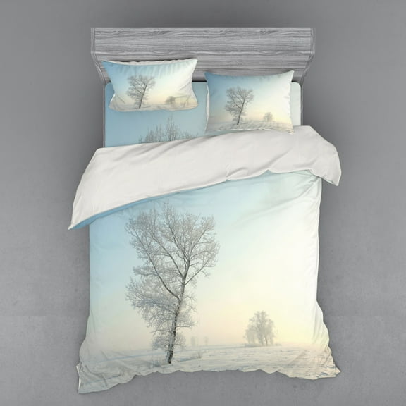 Winter Duvet Cover Set, Frozen Tree on Sunny Winter Morning Rising Sun Landscape Deserted Land, Bedding Set with Shams and Fitted Sheet, 3 Sizes, by Ambesonne