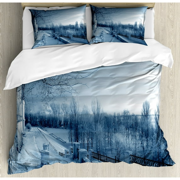 Winter Duvet Cover Set, Ice Cold Frozen Snowy Scenery from Castle Like Balcony with Leafless Branches Art, Decorative 3 Piece Bedding Set with 2 Pillow Shams, Calking Size, White, by Ambesonne