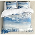 thumbnail image 1 of Winter Duvet Cover Set, Idyllic Snow Covered Mountain Forest Frozen Icy Highland Nordic Peaks Scenery, Decorative 3 Piece Bedding Set with 2 Pillow Shams, Queen Size, Pale Blue White, by Ambesonne, 1 of 3