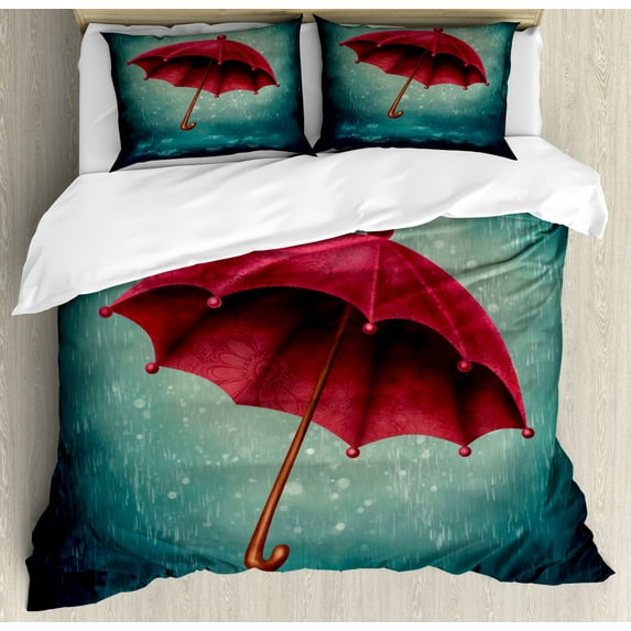Winter Duvet Cover Set King Size, Authentic Retro Wooden Handle under Fall Rainfall Torrent of Rain Urban Image Art Print, Decorative 3 Piece Bedding Set with 2 Pillow Shams, Teal, by Ambesonne