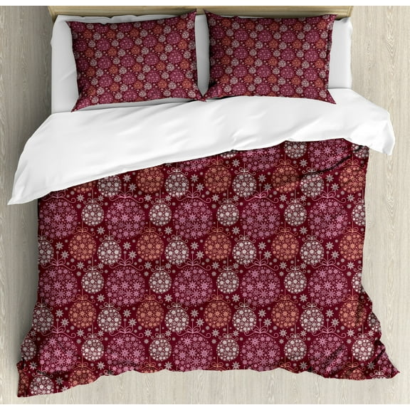 Winter Duvet Cover Set King Size, Christmas Baubles Ornamental Details Festive Traditional Holiday, Decorative 3 Piece Bedding Set with 2 Pillow Shams, Maroon Dried Rose Pale Orange, by Ambesonne