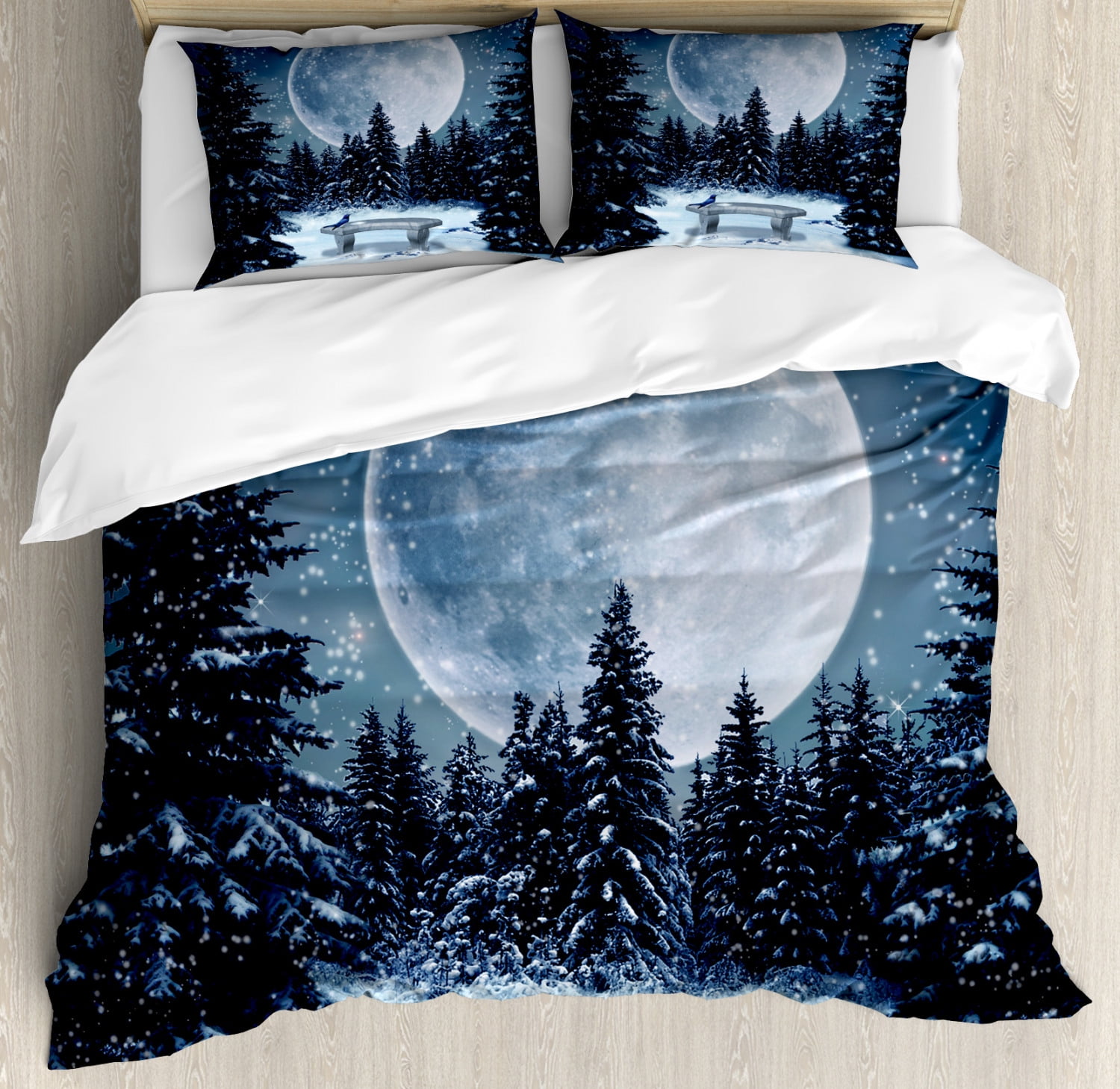 Winter Duvet Cover Set King Size, Dreamy Winter Night with a Big Full