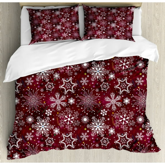 Winter Duvet Cover Set King Size, Floral Flakes with Colorful Swirls Dots and Stars Confetti Xmas Party, Decorative 3 Piece Bedding Set with 2 Pillow Shams, Maroon White Multicolor, by Ambesonne