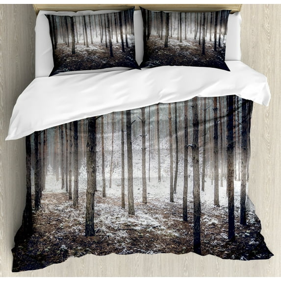 Winter Duvet Cover Set King Size, Scene of Dark Spooky Misty Forest Veiled with Fog Mystic Birches Print, Decorative 3 Piece Bedding Set with 2 Pillow Shams, Brown White, by Ambesonne