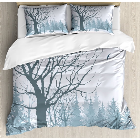Winter Duvet Cover Set King Size, Winter Season Theme A Tree without Leaves in the Snowy Forest and Flying Birds, Decorative 3 Piece Bedding Set with 2 Pillow Shams, Petrol Blue, by Ambesonne