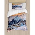 thumbnail image 1 of Winter Duvet Cover Set, Majestic Winter Seasonal Scenery over High Mountain Peaks with Dusk Color Sky, Decorative 2 Piece Bedding Set with 1 Pillow Shams, Twin Size, Orange White, by Ambesonne, 1 of 3