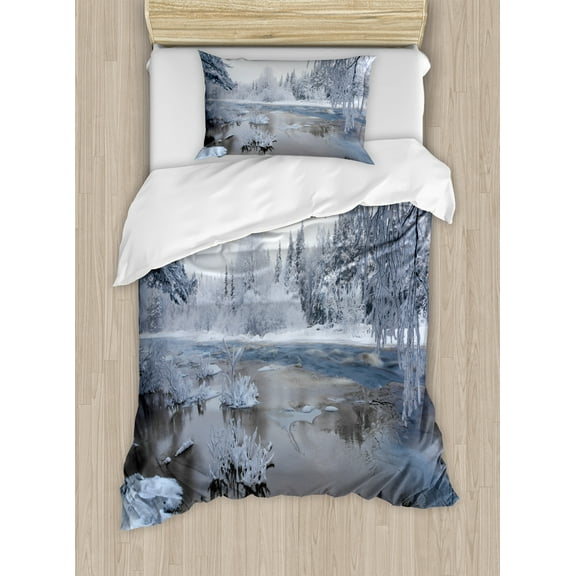 Winter Duvet Cover Set, Nordic Snow Nature Lake Idyllic Finland Icy Cold Forest Scandinavian Landscape, Decorative 2 Piece Bedding Set with 1 Pillow Shams, Twin Size, White Dark Taupe, by Ambesonne