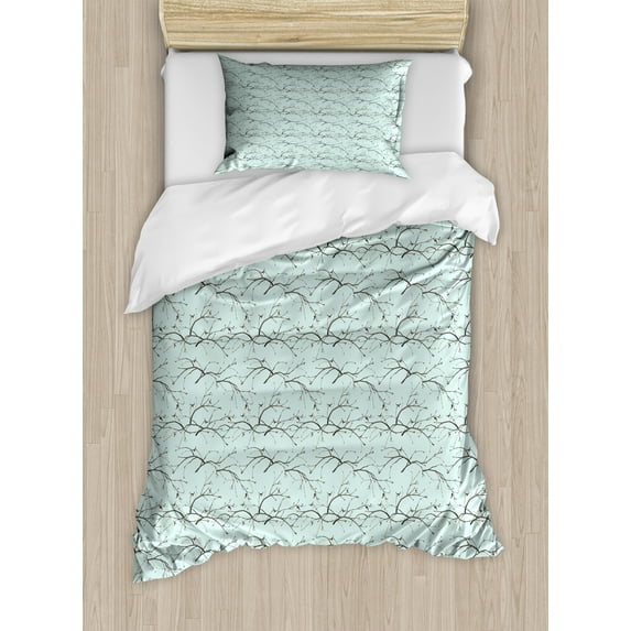 Winter Duvet Cover Set, Pastel Romantic Leafless Branches Watercolor Tree Deciduous Nature Design, Decorative 2 Piece Bedding Set with 1 Pillow Shams, Twin Size, Pale Turquoise Grey, by Ambesonne