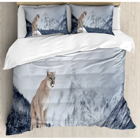 Winter Duvet Cover Set, Portrait of a Cougar and Snowy Mountains Outdoor Scene, Decorative 3 Piece Bedding Set with 2 Pillow Shams, Queen Size, Pale Grey Purpleblue, by Ambesonne