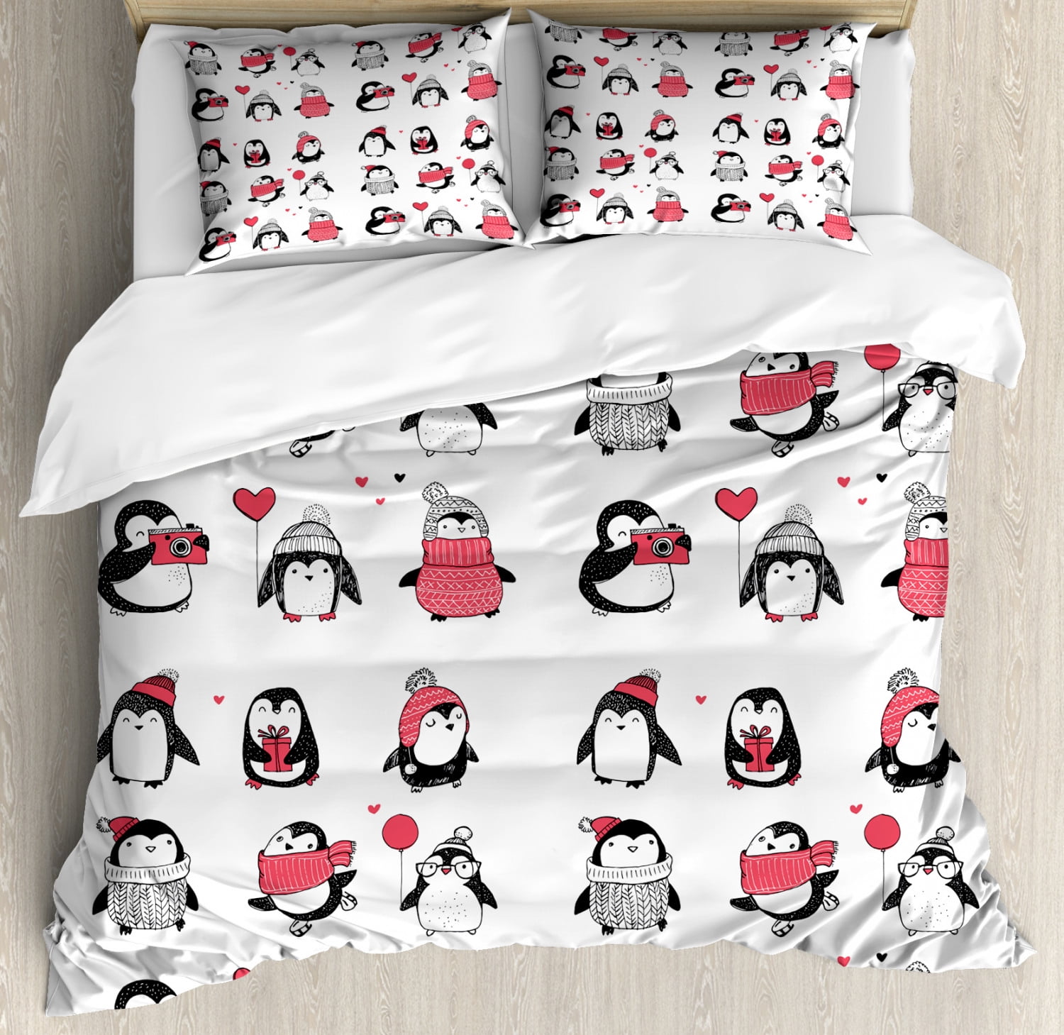 Penguin Print Dark Coral and White Microfiber Queen Duvet Set