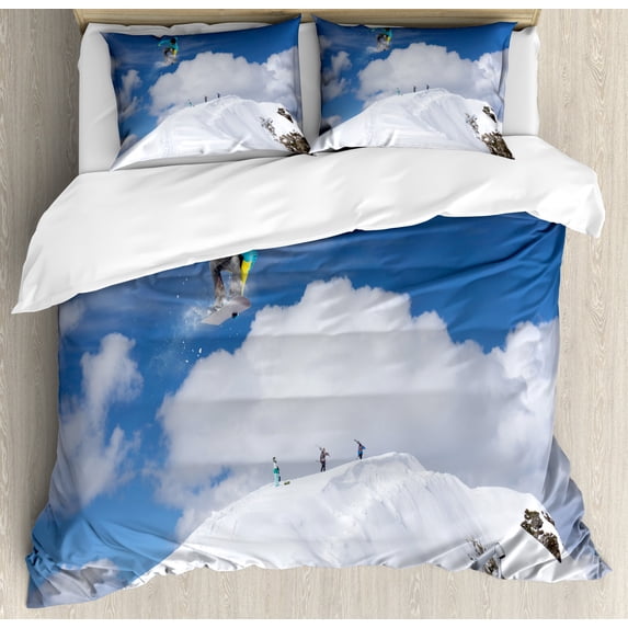 Winter Duvet Cover Set Queen Size, Flying Snowboarder on the Mountaintop with Cloudy Sky Extreme Sports Theme Photo, Decorative 3 Piece Bedding Set with 2 Pillow Shams, Blue White, by Ambesonne