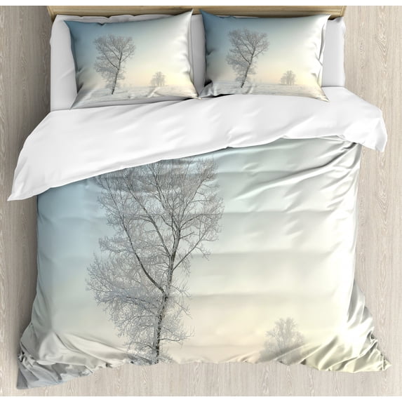 Winter Duvet Cover Set Queen Size, Frozen Tree on Sunny Winter Morning Rising Sun Landscape Deserted Land, Decorative 3 Piece Bedding Set with 2 Pillow Shams, Pale Blue Cream White, by Ambesonne