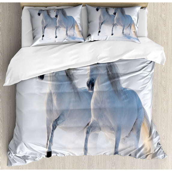 Winter Duvet Cover Set Queen Size, Galloping Noble Horses on Snow Covered Field Purity Symbols Animals Equestrian Theme, Decorative 3 Piece Bedding Set with 2 Pillow Shams, White, by Ambesonne