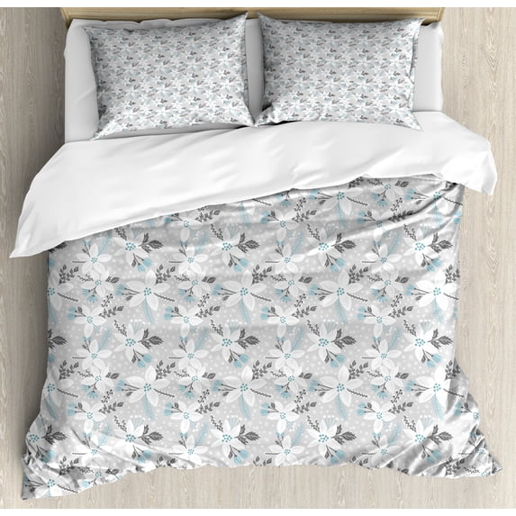 Winter Duvet Cover Set Queen Size, Hand Drawn Style Poinsettia Flowers Romantic Vintage Botanical Nature, Decorative 3 Piece Bedding Set with 2 Pillow Shams, Grey White Pale Blue, by Ambesonne