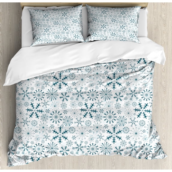 Winter Duvet Cover Set Queen Size, Merry Xmas Theme Delicate Snowflakes Cold Freezing Weather Vintage Holiday Pattern, Decorative 3 Piece Bedding Set with 2 Pillow Shams, Teal White, by Ambesonne