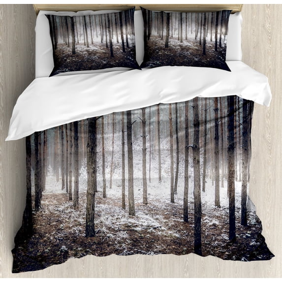 Winter Duvet Cover Set Queen Size, Scene of Dark Spooky Misty Forest Veiled with Fog Mystic Birches Print, Decorative 3 Piece Bedding Set with 2 Pillow Shams, Brown White, by Ambesonne