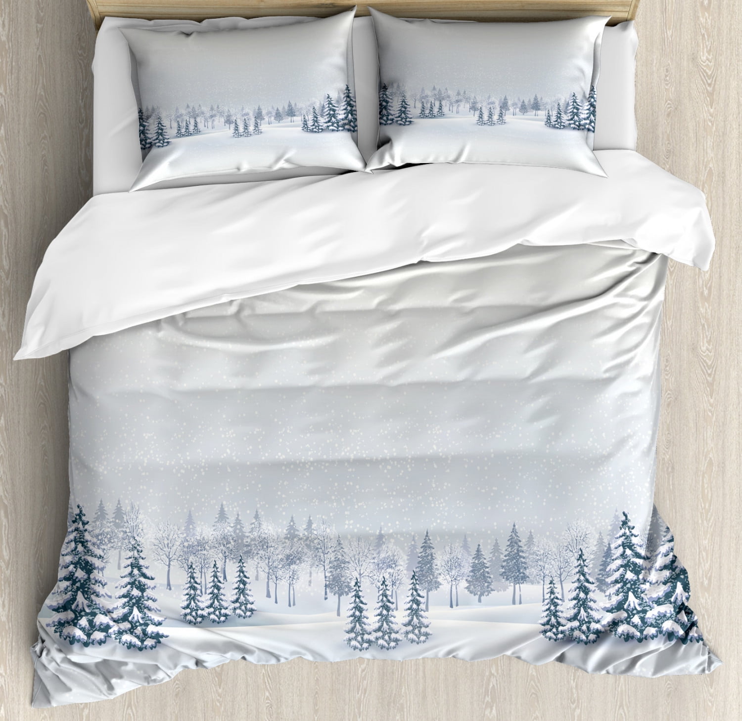 Winter Scene White and Blue Microfiber Duvet Cover Set