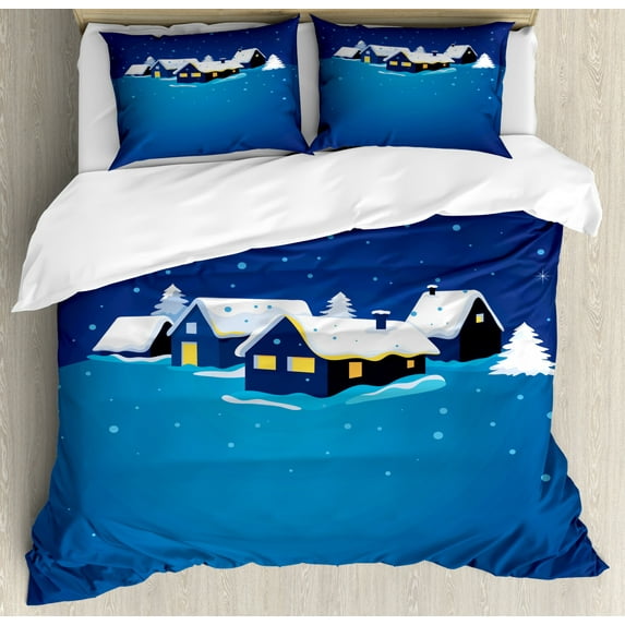 Winter Duvet Cover Set Queen Size, Snowy Small Town Snowflakes Season Cozy Village Print, Decorative 3 Piece Bedding Set with 2 Pillow Shams, Dark Blue Pale Blue Yellow and Sky Blue, by Ambesonne