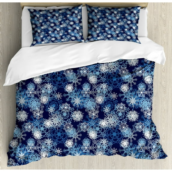 Winter Duvet Cover Set Queen Size, Various Different Ornate Snowflakes Blizzard Cold Season Xmas Themed, Decorative 3 Piece Bedding Set with 2 Pillow Shams, Pale Blue Dark Blue White, by Ambesonne