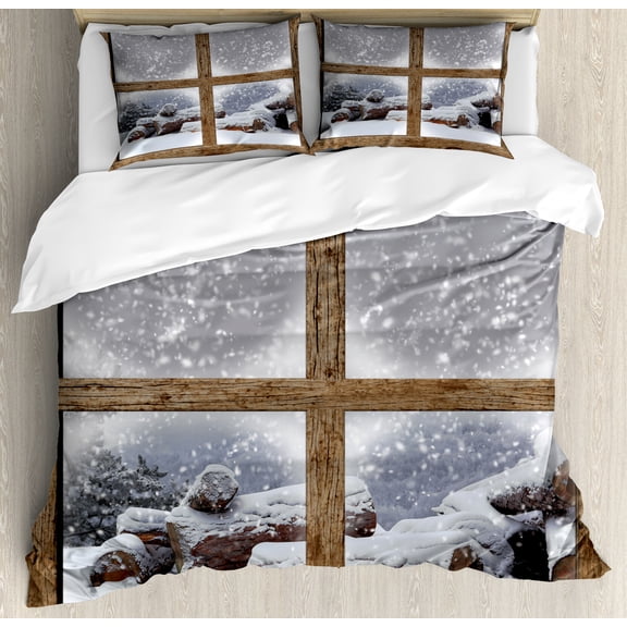 Winter Duvet Cover Set, Rustic Snowy Frame Window View Print Mountain House Cold Christmas Day Picture, Decorative 3 Piece Bedding Set with 2 Pillow Shams, King Size, White and Khaki, by Ambesonne