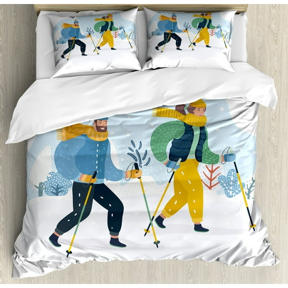 Winter Duvet Cover Set, Scandinavian Inspired Happy Couple Walking on Snow with Ski Elements, Decorative 3 Piece Bedding Set with 2 Pillow Shams, Queen Size, Pale Blue and Multicolor, by Ambesonne