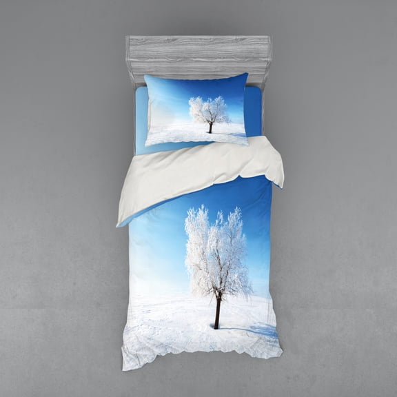Winter Duvet Cover Set, Single Tree on Snow Cover Field with Vibrant Sky Blizzard Frozen Concept, Bedding Set with Shams and Fitted Sheet, 3 Sizes, by Ambesonne