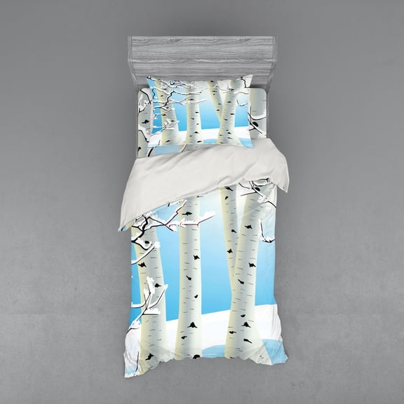 Winter Duvet Cover Set, Snow Covered Birch Tree Seasonal Illustration of a Forest Woodland Design, Bedding Set with Shams and Fitted Sheet, 3 Sizes, by Ambesonne