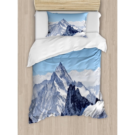 Winter Duvet Cover Set, Snowy Rocky Mountain Peaks Tops Scene High Lands Icy Frozen Swiss Outdoor Art, Decorative 2 Piece Bedding Set with 1 Pillow Shams, Twin Size, Blue and White, by Ambesonne