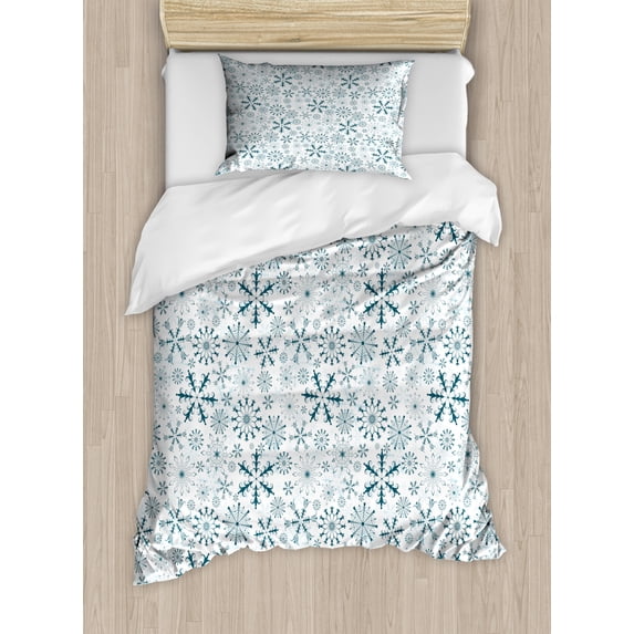 Winter Duvet Cover Set Twin Size, Merry Xmas Theme Delicate Snowflakes Cold Freezing Weather Vintage Holiday Pattern, Decorative 2 Piece Bedding Set with 1 Pillow Sham, Teal White, by Ambesonne