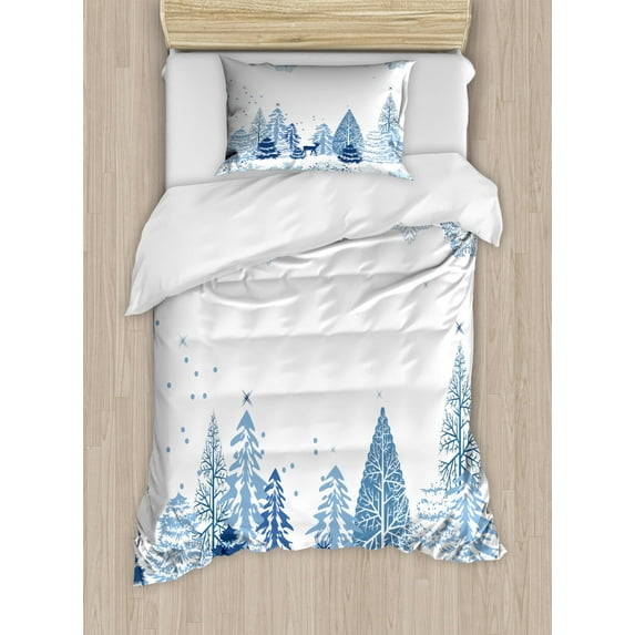 Winter Duvet Cover Set Twin Size, Winter Scene with Deer Frozen Trees and Snow Christmas Season Pine Trees Bushes, Decorative 2 Piece Bedding Set with 1 Pillow Sham, Blue White, by Ambesonne