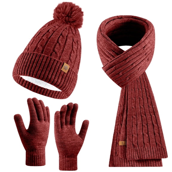 Winter Ear Flap Beanie Scarf Gloves Set, 3-Piece Knit Winter Accessories, Touchscreen Gloves Combo, Fleece Lined Cold Weather Set, Unisex Winter Gear, Outdoor Sports Set - Red