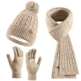 thumbnail image 1 of Winter Ear Flap Beanie Scarf Gloves Set, 3-Piece Knit Winter Accessories, Touchscreen Gloves Combo, Fleece Lined Cold Weather Set, Unisex Winter Gear, Outdoor Sports Set - Beige, 1 of 9