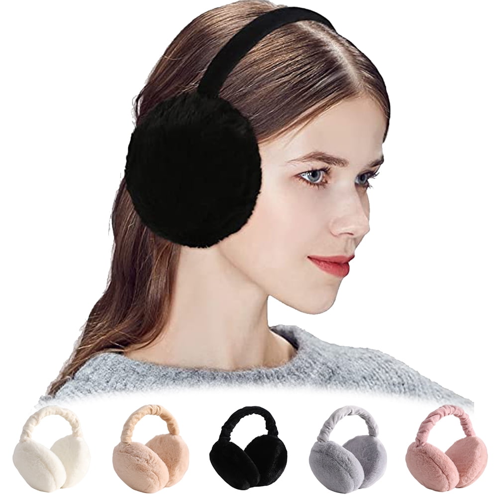 RUIKUNA Earmuffs Women Winter Black Ear Covers Foldable Fluffy White Ear Warmers Girls Cute Ear Muffs Headbands Big (Black) At Women's Clothing Store