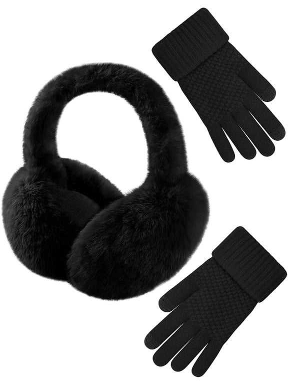 Winter Ear Muffs with Gloves Sets for Women Faux Fur Warm Earmuffs Cold Weather Fluffy Ear Warmers Foldable Ear Covers Headband