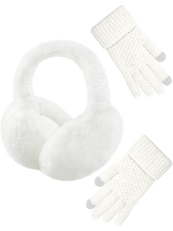 Winter Ear Muffs with Gloves Sets for Women Faux Fur Warm Earmuffs Cold Weather Fluffy Ear Warmers Foldable Ear Covers Headband