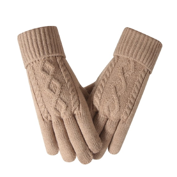 Winter Elastic Cuff Knit Glove Solid Fleece Lined Warm Insulated Gloves Khaki Free Size