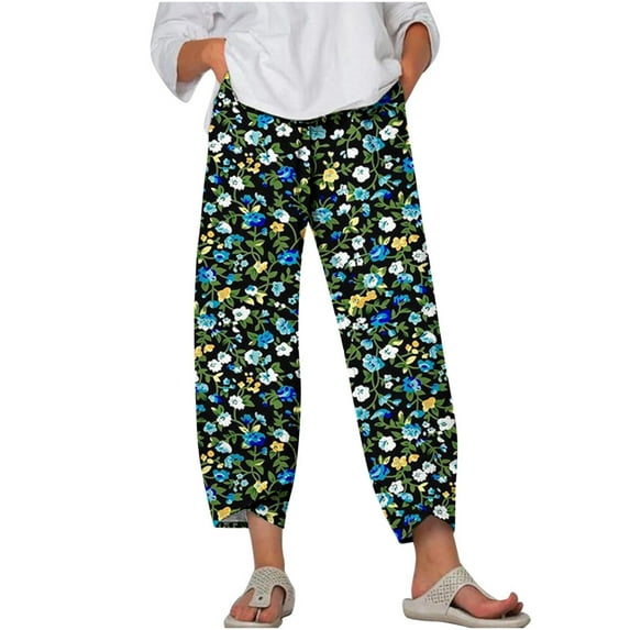 Winter Elastic Waist Wide Leg Pants for Women Floral Printed Tulip Hem Casual Loose Palazzo Trousers with Pockets