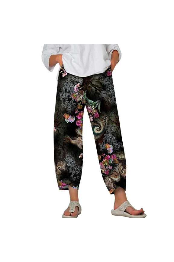 Winter Elastic Waist Wide Leg Pants for Women Floral Printed Tulip Hem Casual Loose Palazzo Trousers with Pockets