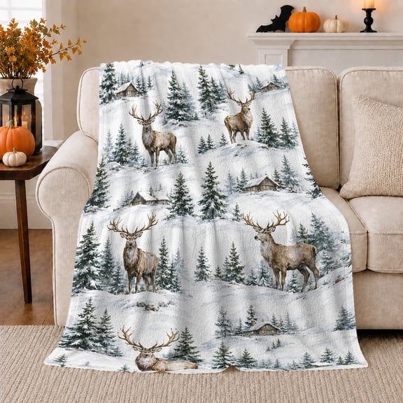 Winter Elk Cabin Landscape, Peaceful Mountain Lake Scene, Warm Flannel Blanket for Cabin and Lodge with Detailed Artwork, Outdoor Lovers Camping Gift, Rustic Home Decor